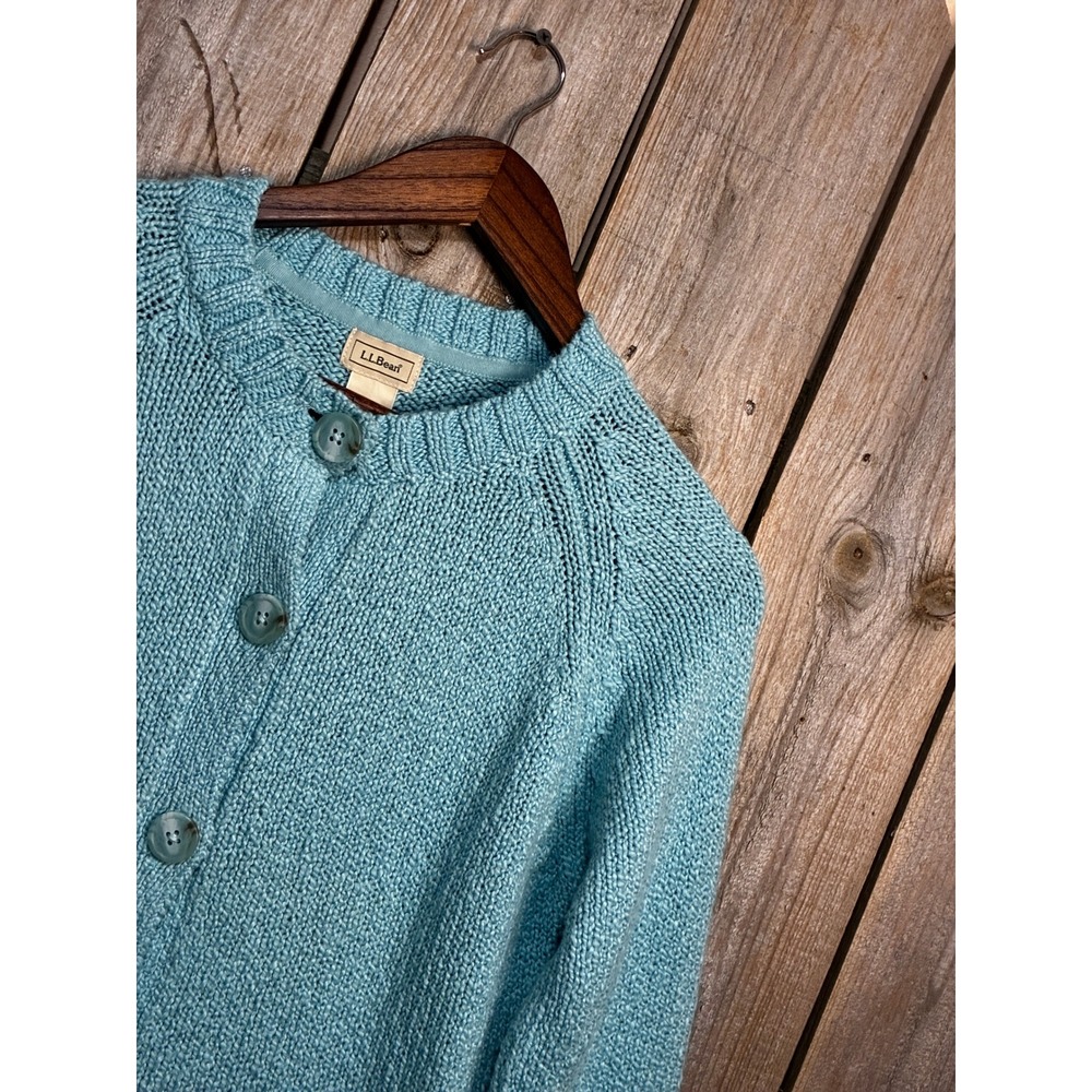 LL Bean Womens Aqua Blue 100% Cotton Chunky Knit Cardigan Sweater Size M OGBJ2